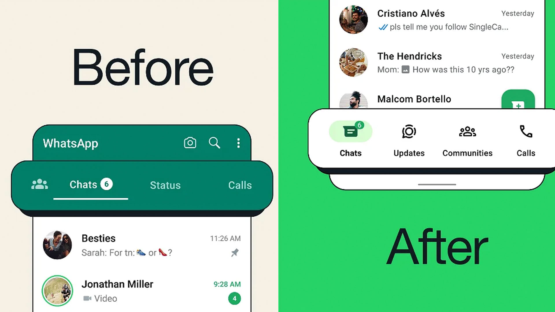 WhatsApp cambia la barra de navegación de Android de arriba a abajo de la pantalla