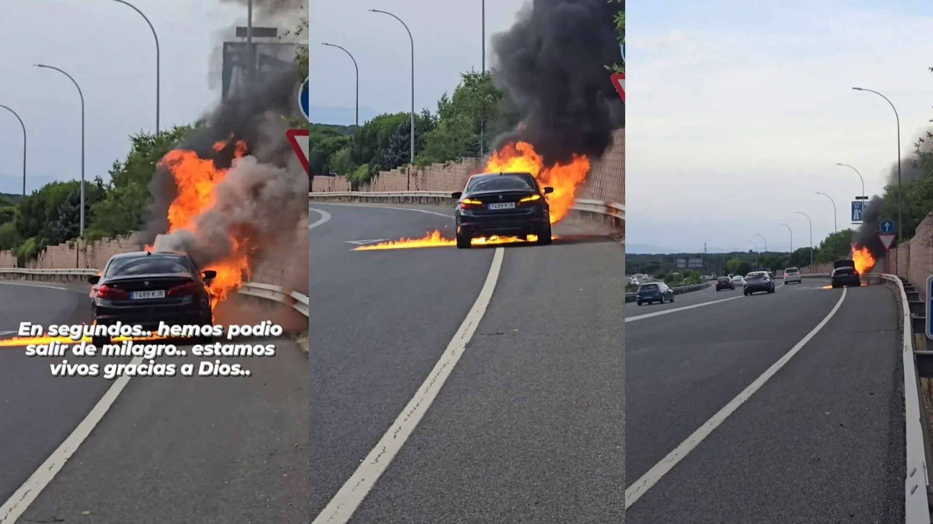 Imágenes del video que publicó en las redes sociales donde se ve el auto ardiendo al costado de la carretera