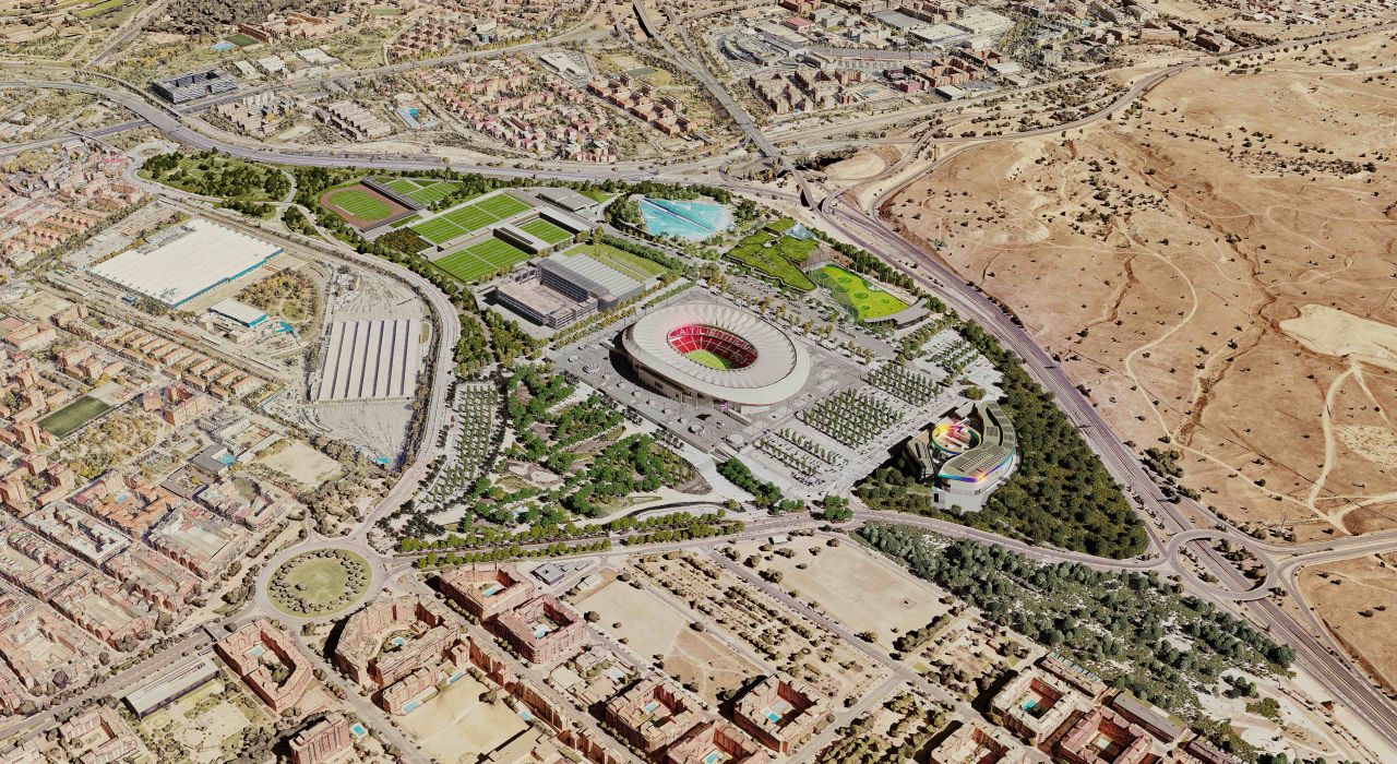 Vista aérea de la futura Ciudad de los Deportes, junto al estadio Cívitas Metropolitano, en Madrid