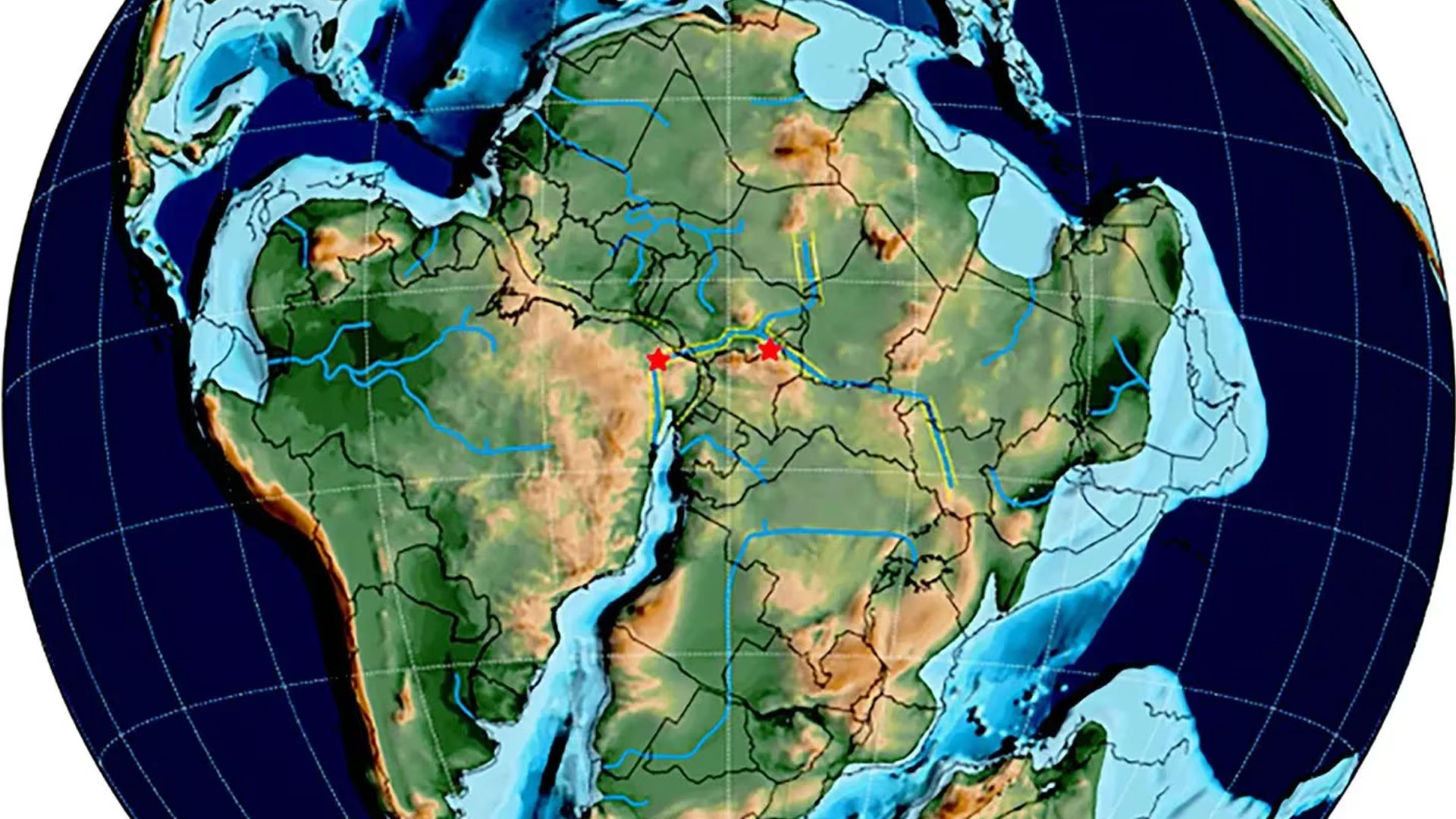 Reconstrucción geográfica de cómo pudo haber sido el mundo antiguo. Marcada con estrellas, la posición donde se encontraron las huellas.